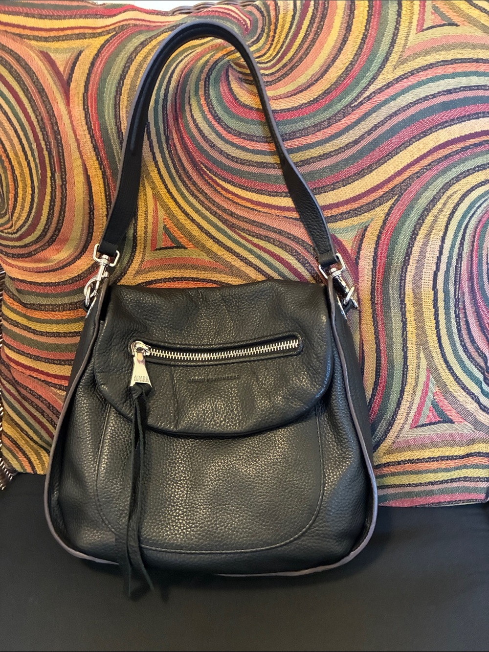 Aimee Kestenberg Black Pebbled Leather Shoulder Bag with Front Zip